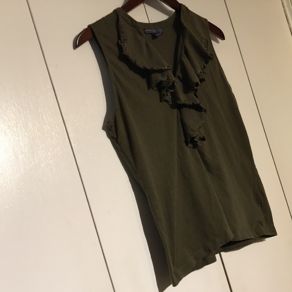American Living Women's Olive Ruffle Neck Sleeveless Cotton Blouse Top Size L - Picture 10 of 16